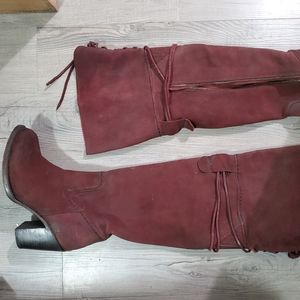 Maroon over the knee heeled boots